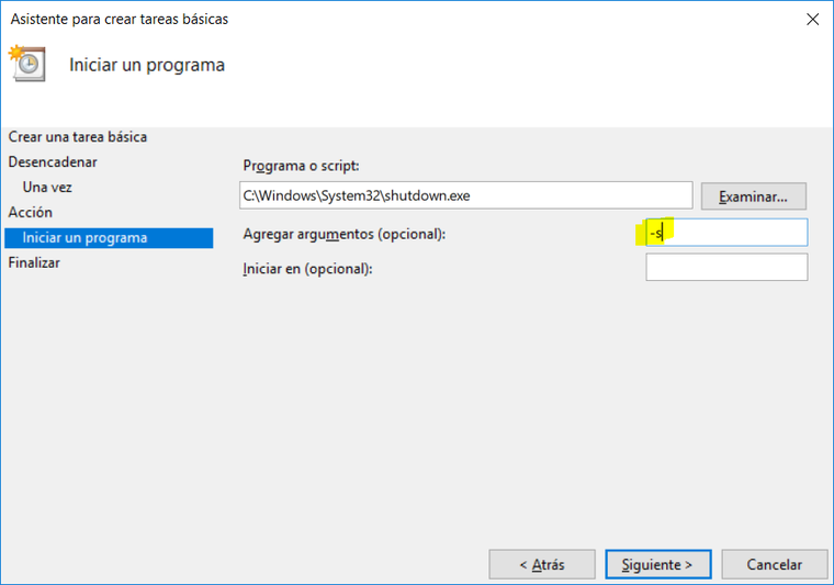 crear tarea basica seleccionar apagado shutdown argumento