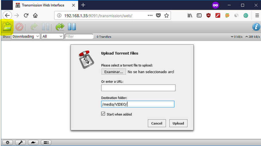 instalar transmission raspberry pi añadir torrent