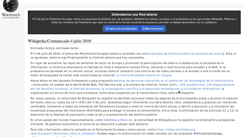 wikipedia cierra en españa con motivo de la votación europea sobre copyright