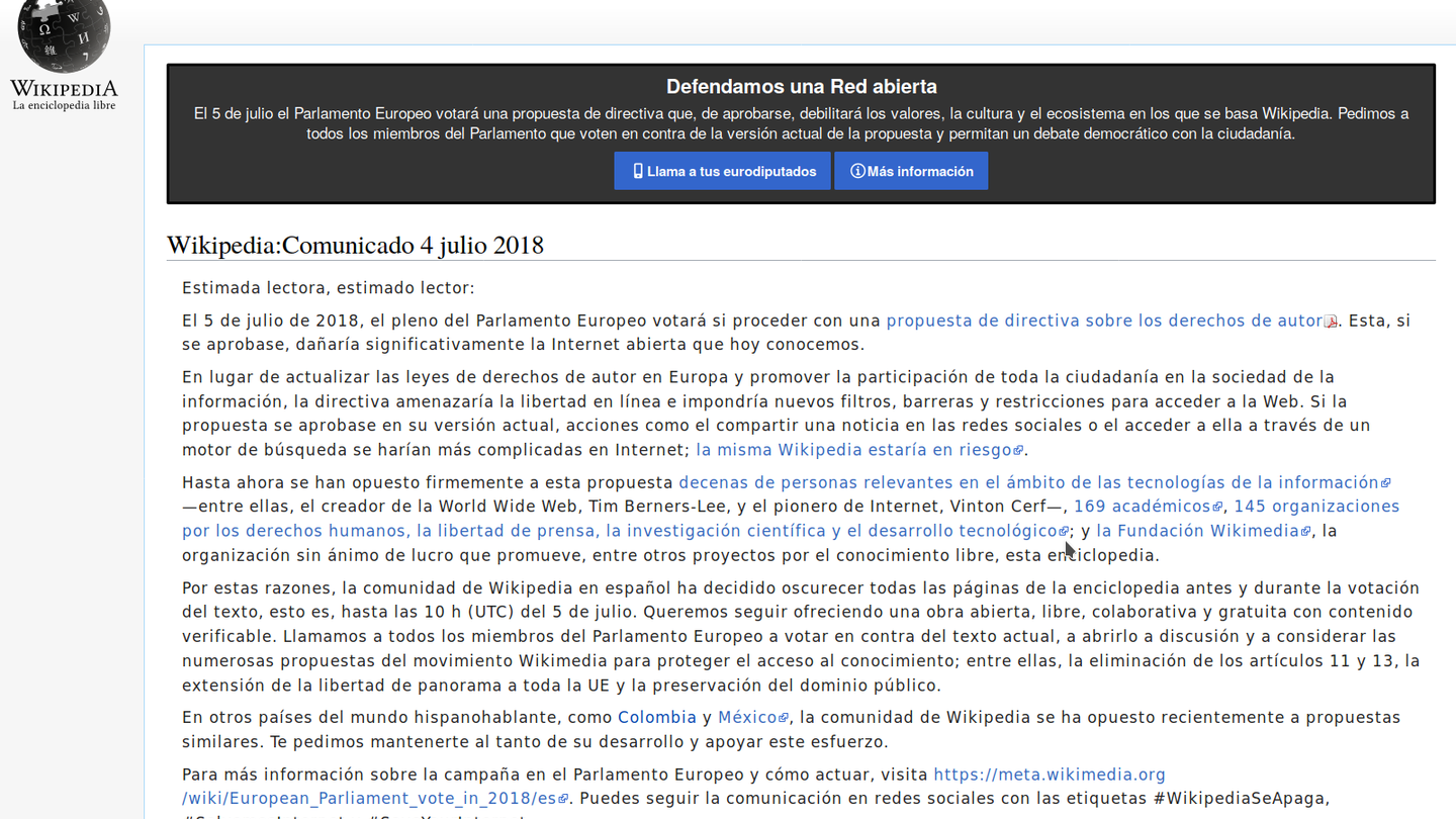 wikipedia cierra en espana con motivo de la votacion europea sobre copyright